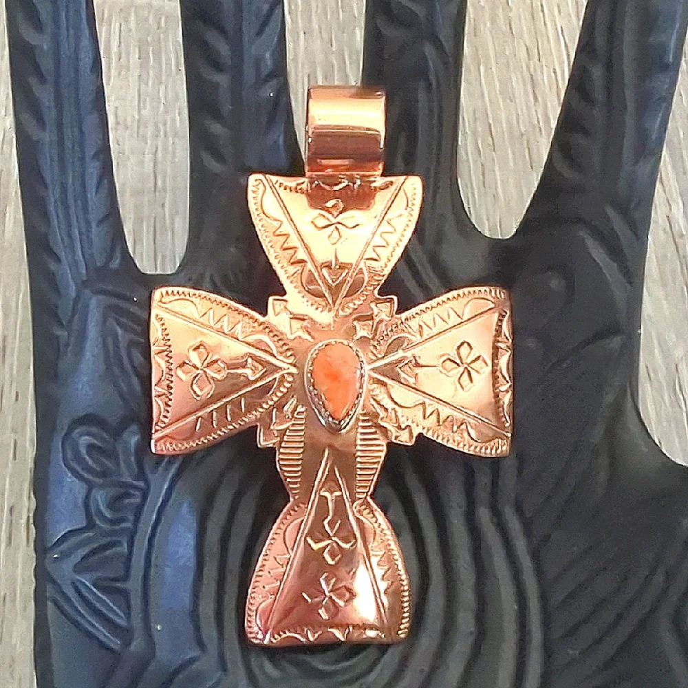 Running Bear Navajo Copper And Spiney Oyster Embossed Stamped Cross Pendant - Picture 1 of 9